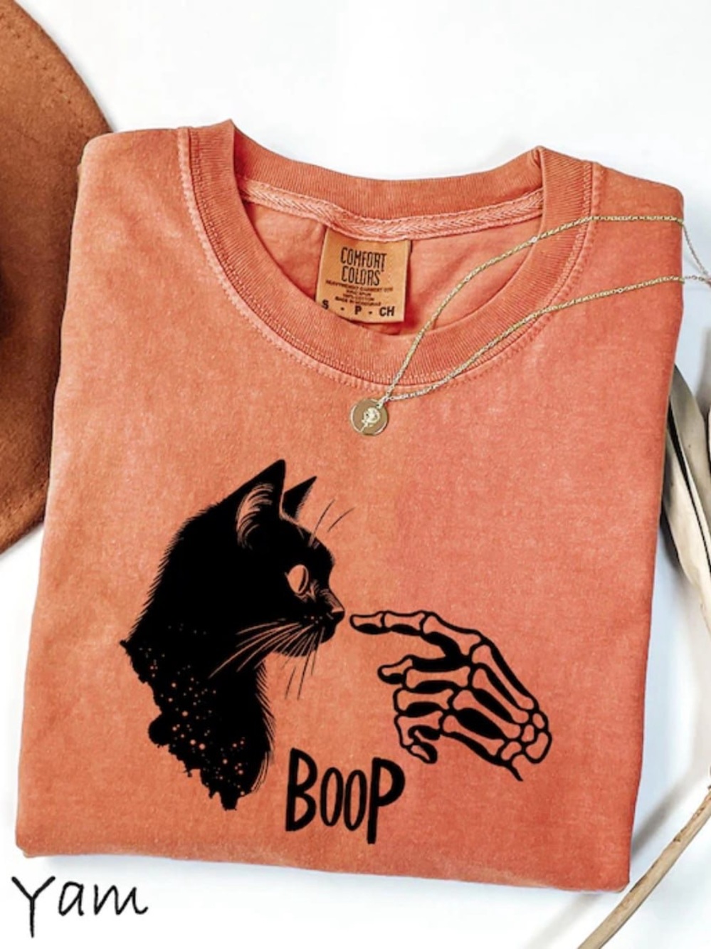 Comfort Colors Yam Orange 'Boop' Cat & Skeleton Graphic shirt
